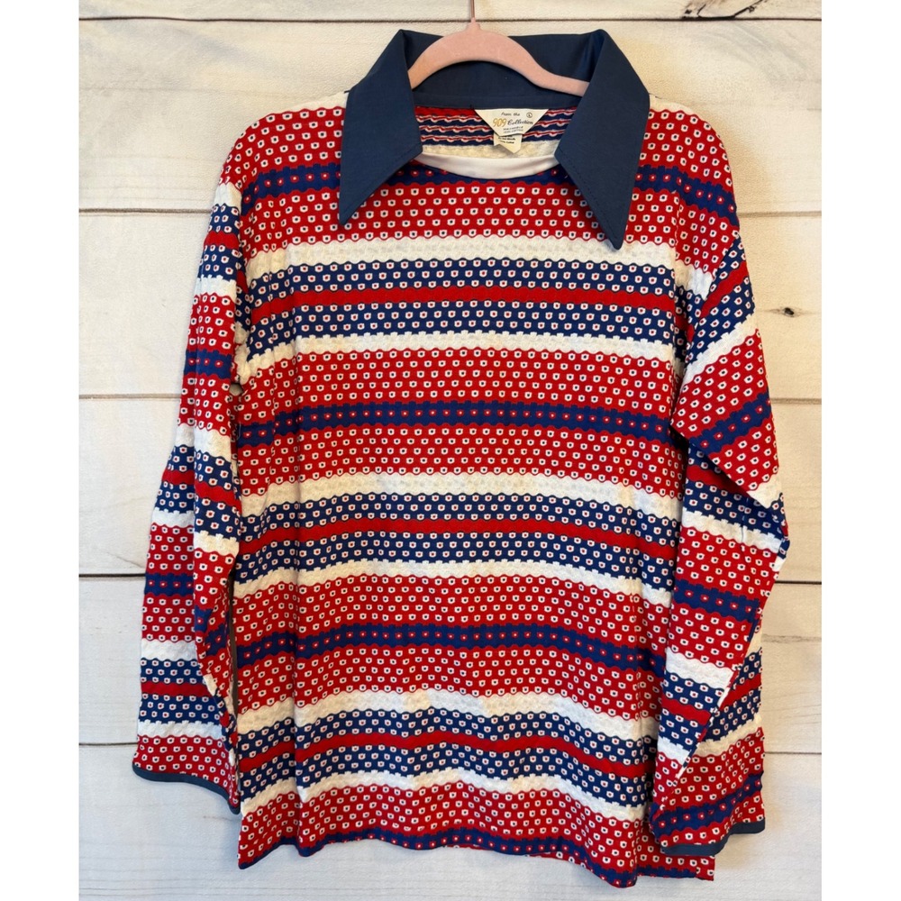 909 Collection Vintage Red White Blue Striped Knit Top Dagger Collar Large